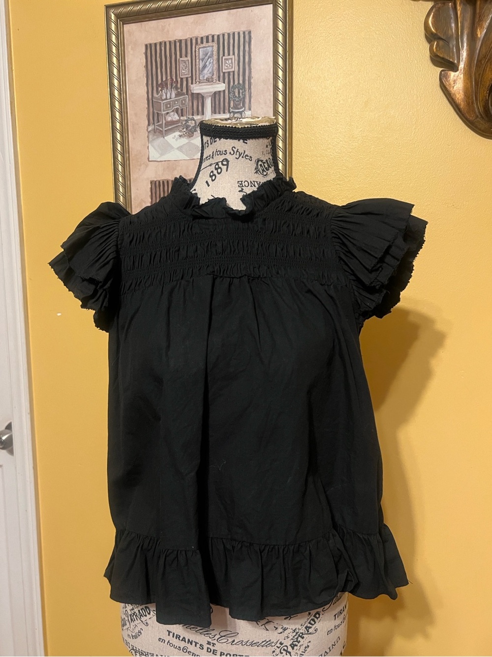 Anthropologie love the label Black Smocked Ruffle Short Sleeve Blouse
